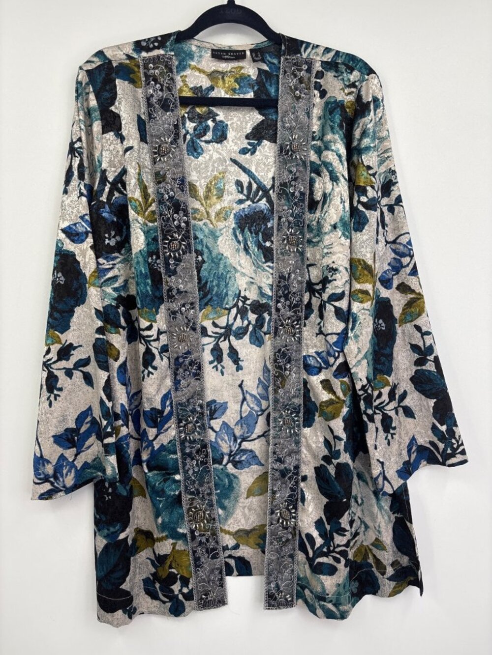 Susan Graver Artisan Collection Jacquard Beaded Kimono Open Cardigan Teal Large
